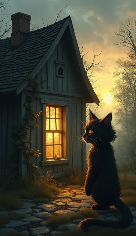  "The cat-headed human standing in front of a small, abandoned home, gazing through a broken window. The house is overgrown with vines, and the once warm, welcoming light is now extinguished. Their face shows a mix of longing and grief, with their fur matt...