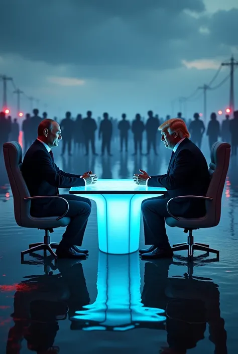 "A dramatic scene featuring Vladimir Putin and Donald Trump sitting across from each other at a glowing, futuristic gaming table. The two leaders are seated on sleek, modern chairs, positioned by the edge of a large, ominous body of water. Behind them, a c...