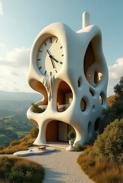 The exterior of a designer house inspired by Salvador Dali with a melting clock 