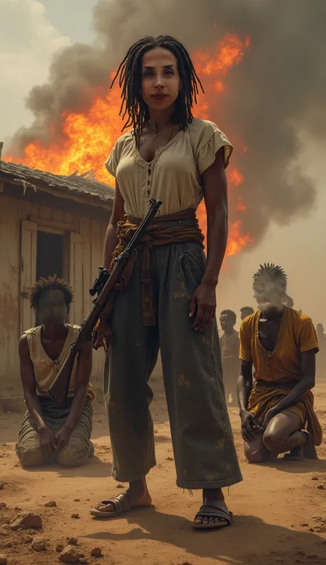 A slave blak woman with dreadlock carrying a riffle gun, wearing old dusty clouds with the slave muster and the entire family kneeling down on the ground outside the burning house with all slaves carrying guns 