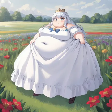 Beautiful Queen, obesity,  very large body , Belly protruding, Wear a bow ,  white princess dress, full body,
Field and flowers in the background ,
 achromatic ,
masterpiece,  ultra high res against a flat background,  High Quality ,