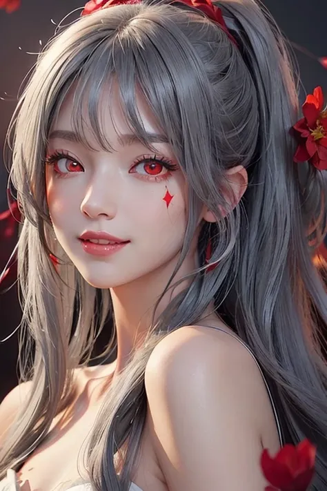       very beautiful face      ,       beautiful female model      ,  ((red eyes)).((     ponytail )).  ((Flowers in hair)).   very beautiful face      ,   ((優しいsmile)).   (( red eyes:1.5)). Please see her beautiful and delicate face   , Sharp beautiful fa...