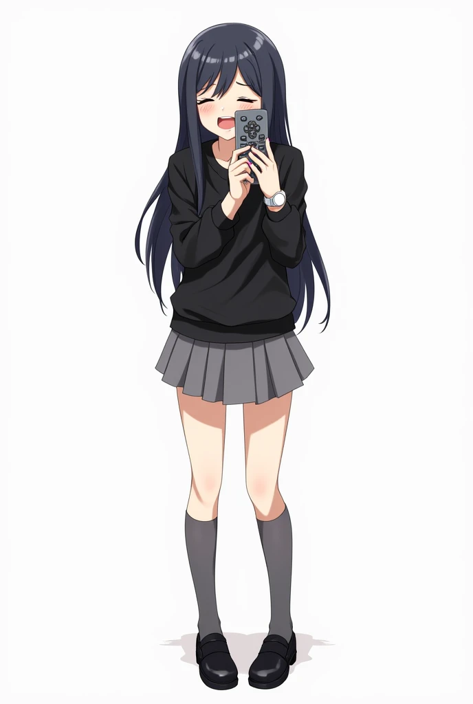 Teenage woman looking forward and black hair standing in front and her legs and wearing black leather shoes and gray knee-high socks And black leather t-shirt with long sleeves and pink nails and white watch gray skirt anime image with a remote control bla...