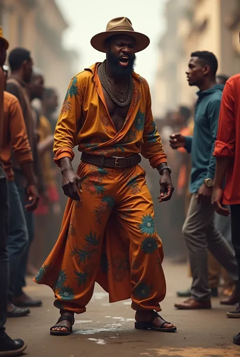 A black man in a colourful flowy covered top and trouser and a nice hat standing close to a crowd. He is angry at someone in the crowd. He looks angry and upset. He is arguing with someone 