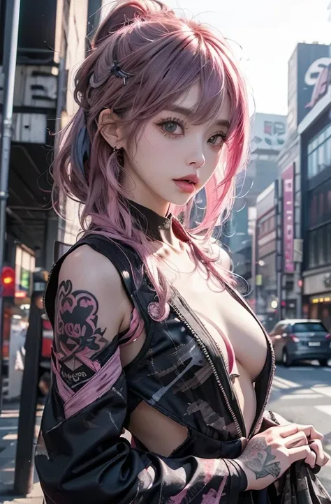       cool women、      sexy、Beauty.  Bump in the center     、     The Rise of Chainsaw Man  、((  small breasts)).Beauty、      yandere、   beautiful face、 in the city of Harajuku    、      chest tattoo  、black camo suit 、(( pink hair)).((whole body)).