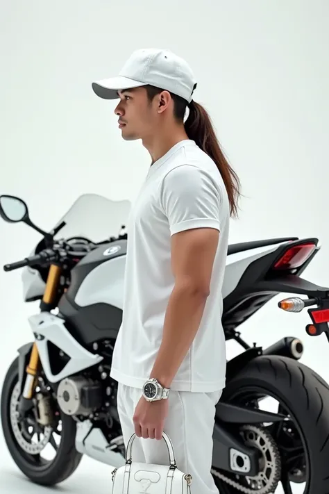 Long hair tied in a rubber band like Bale, wearing a white cap, white jersey, white shirt, white rolex watch in hand, iPhone 16 pro max in a white bag, mens mini banana bag and a white boy. BMW M1000cc with a white rabglis on the back. The boy is 18 years ...