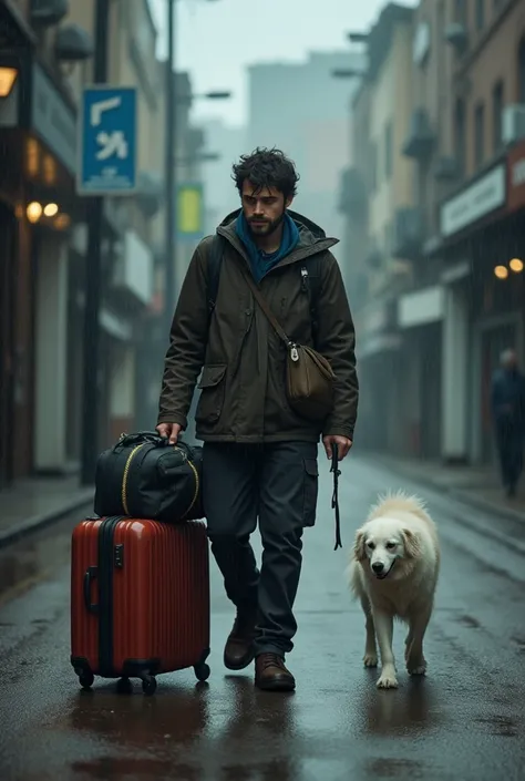 Young man alone on the street , in the rain,  with suitcases in his hand , bag on the back , sad,  with a white dog on his side,  following on a dirt road.