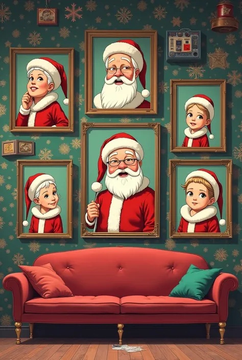 A front wall ,  with vintage wallpaper ,  with frames containing family portraits,  is Santa Clauss family .  The atmosphere is a mix between futuristic object ,  vintage relic and Christmas atmosphere .  In a Japanese cartoon style 