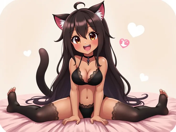  pretty girl、 cute、 、 toddler figure 、Girl、Young girl、Lori、Loli, baby face, pretty face,  flat Breast, (( brown skin、Brown skin))、Cat girl、Cat ears、((( thick legs 、 thick thighs)))、Big Butt、 Very Long Hair 、dark brown hair 、black lace lingerie、 glossy blac...