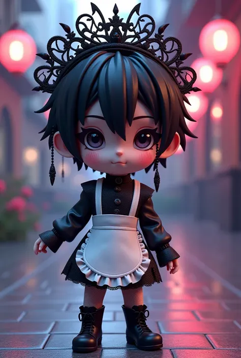   Boy in his early teens、 chibi、  black hair、 split in the center 、 Gothic Lolita That Makes You Cleavage、 white apron、 Headdress、3d