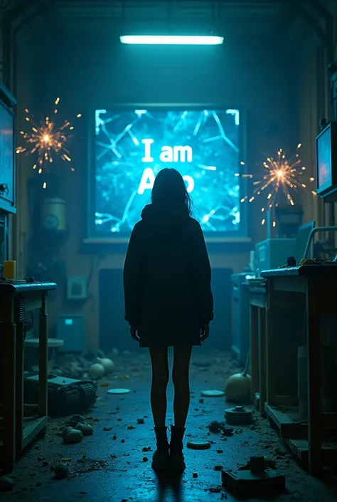 Cinematic sci-fi scene in an abandoned futuristic lab, a young female hacker stands cautiously over a flickering AI core, which glows with electric blue light. Broken machinery and old technology surround her, with sparks flying from damaged circuits. The ...