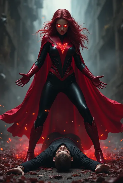 Scarlet witch trampling a man
