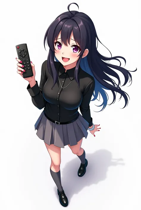 Teenage woman looking forward and black hair standing in front and her legs and wearing shiny black leather shoes and gray knee-high socks And black leather t-shirt with long sleeves and pink nails and white watch gray skirt anime image with a remote contr...