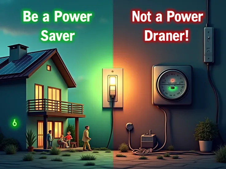 Concept: Split Energy Scene

Visual Elements:

Left Side (Power Saver): A bright, energy-efficient home with solar panels, LED lights, and a happy family. The devices have green energy symbols glowing softly.
Right Side (Power Drainer): A dark, chaotic sce...