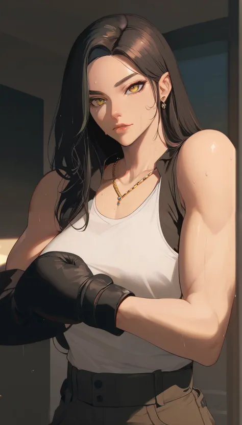 black hair,masterpiece,best quality,highres,ultra-detailed,aashizue,yellow eyes,long hair,cargo pants,(tank top:1.2), boxing gloves,toned, sweating, (sleeveless:1.4),cowboy shot,