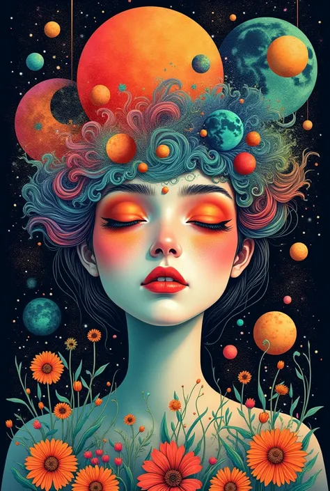 "A surreal and highly detailed artistic image featuring a womans face with closed eyes and colorful, vivid makeup. Surrounding her head are cosmic elements like galaxies, planets, and swirling psychedelic patterns in vibrant colors such as red, blue, green...