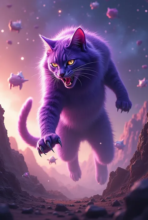 A purple cat in space fighting against aliens 