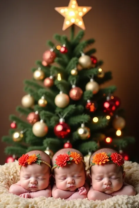 Newborn twin photographer, three babies, with orange flowers headbands photoshoot, Behind them stands a beautifully decorated Christmas tree with twinkling lights, ornaments, and a shining star on top.