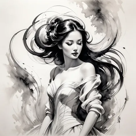 Elegant Maiden，black and white ink painting，pen sketch drawing，Loose brushstrokes，Pen outlines delicate lines，flowing action，Subtle ink tones，elegant posture，A peaceful expression，Delicate facial features，black and white，clean