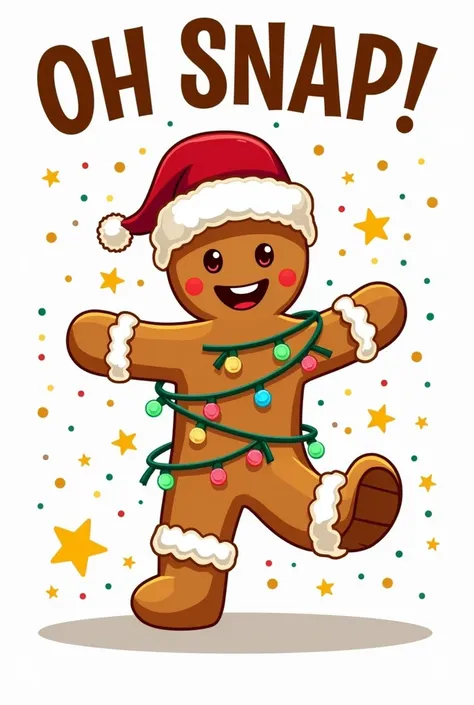 Design a gingerbread man wearing a Santa hat. The gingerbread man is in a soccer pose, but his legs are broken off, creating a humorous effect. The gingerbread man has colorful decorative lights wrapped around him, adding to the liveliness of the design.
A...