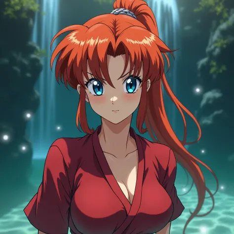 R18,Erotic,Sexy,Chen Ranma ,Redhead 高分辨率, precise,  HD model ,  textured skin,  long hair, Ponytail, Blue Eyes,  partially underwater shot,Ranma Chen , RanmaredShirt,Redhead, blue eyes , waterfall background , medium breasts, best quality , high resolution...