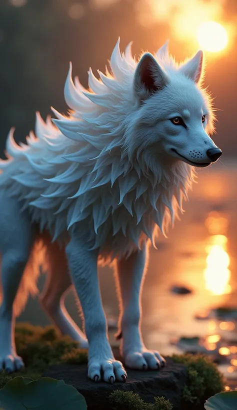  Illustrate a wolf-lotus hybrid, its fur glowing faintly with the aura of lotus petals, standing aggressively against an unseen foe near a tranquil lake under the orange hues of twilight."