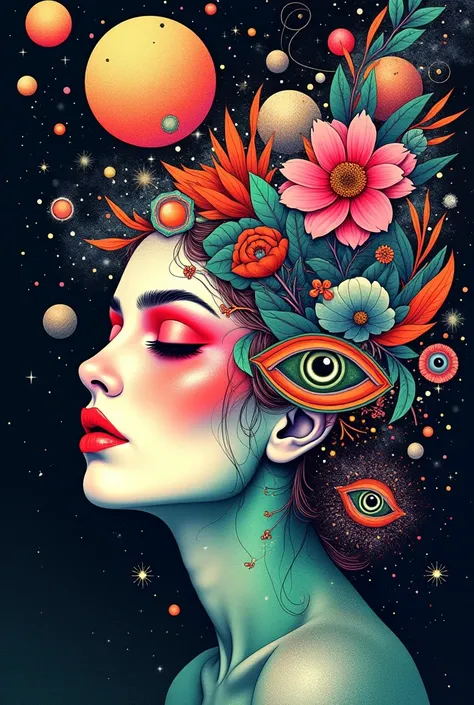 "A surreal and highly detailed artistic image featuring a womans face with closed eyes and colorful, vivid makeup. Surrounding her head are cosmic elements like galaxies, planets, and swirling psychedelic patterns in vibrant colors such as red, blue, green...