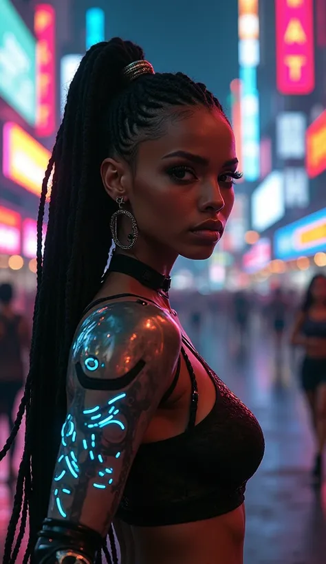 A Cyberpunk 2077 woman of Angolan descent, with rich dark skin, braided hair, and intense brown eyes, featuring advanced technology in her body like a high-tech robotic arm and bioluminescent tattoos, navigating a bustling urban landscape illuminated by ne...