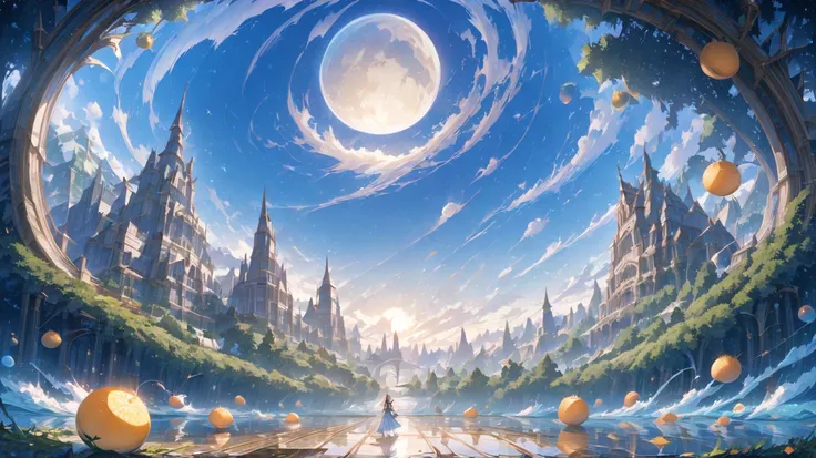 (masterpiece, super detailed, top quality, clear focus, dramatic scenes, cinematic), shadows, (super high res, 8K), perfect distant fantasy landscapes, (moon-like fruit celestial bodies floating in background sky: 1.2), (detailed fantasy city, detailed for...