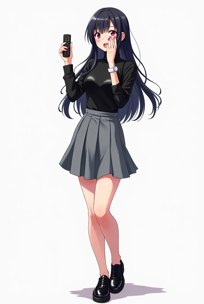 Teenage woman looking forward and black hair standing in front and her legs and wearing shiny black leather shoes and gray knee-high socks And black leather t-shirt with long sleeves and pink nails and white watch gray skirt anime image with a remote contr...