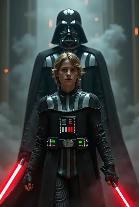 Anakin Skywalker next to Darth Vader and behind Darth Sidious