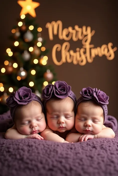 Newborn twin photographer, three babies, with cute dark purple flowers headbands photoshoot, Behind them stands a beautifully decorated Christmas tree with twinkling lights, ornaments, and a shining star on top. A glowing Merry Christmas