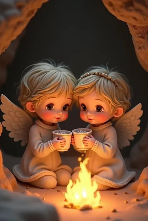 A cozy cave with 2 cute angels in it while holding only one hand of each other around a fire. With Cute cloths . Drinking hot chocolate