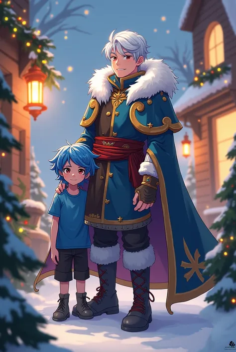 Slime Rimuru tempest human form and his pet boy with blue hair and blue t-shirt 
christmas edition