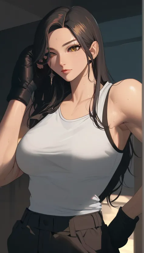 black hair,masterpiece,best quality,highres,ultra-detailed,aashizue,yellow eyes,long hair,cargo pants,(tank top:1.2), boxing gloves,toned, sweating, (sleeveless:1.4),cowboy shot,