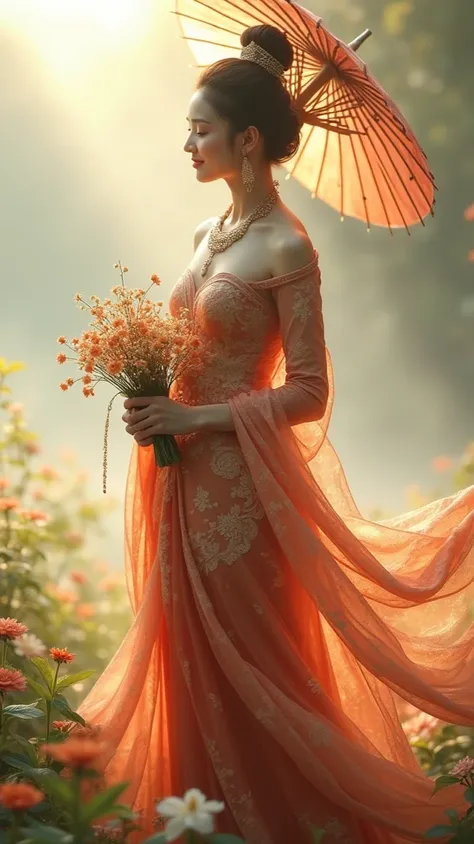 Thai beautiful woman in elegant traditional ancient Thai silk clothing,thai Ornament,happiness,she hold flower bundles,umbrella,light mist in the morning, gentle rays of sunlight breaking through soft fog