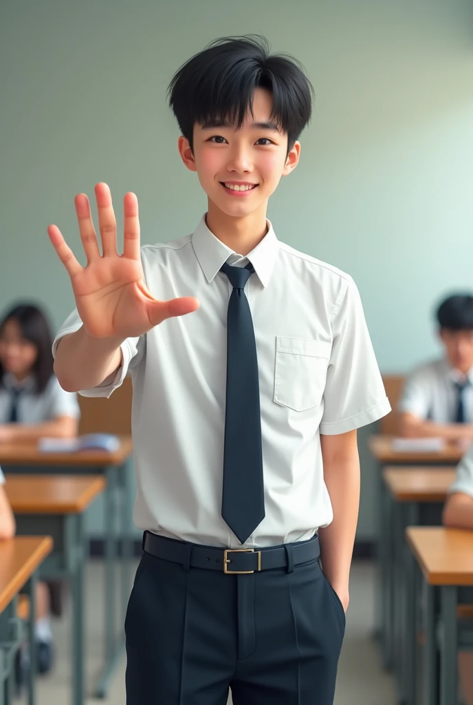 Picture an erect Oriental male high school student raising his hand to greet me