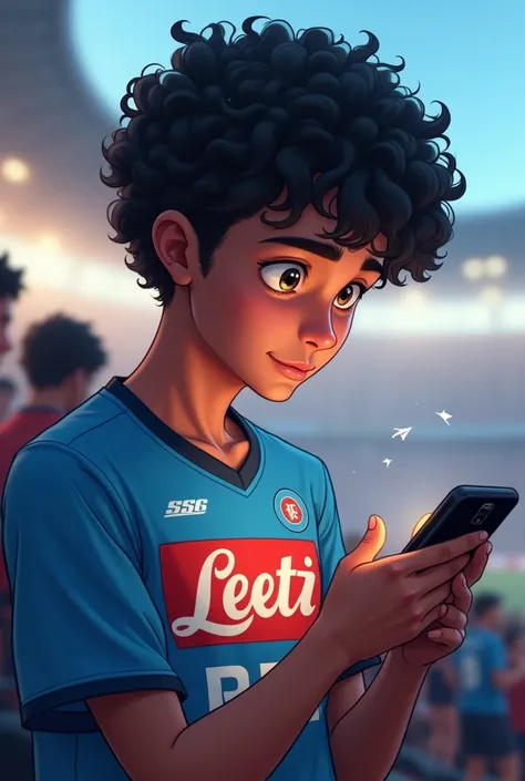  creates an 18-year-old boy with black curly hair ,  who is at the stadium with the SSC Napoli shirt, Who writes on the phone “agg steal a phone” 