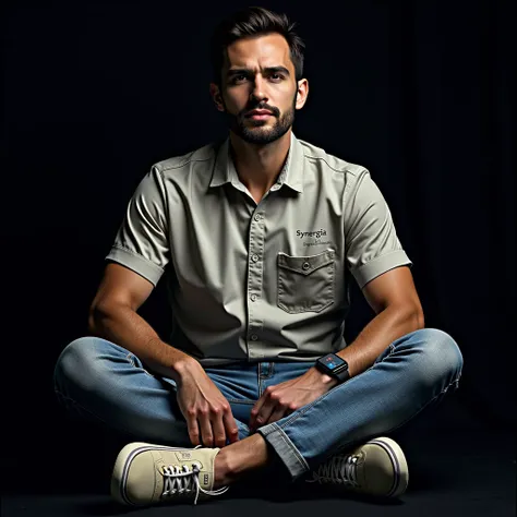  A man wearing a short-sleeved black shirt with white accents in the middle and hem. There is a detail written on the shirt pocket on the left side of the chest ,  with some small text such as Synergia and the names of the products .  The man sits upright ...