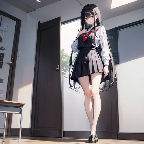 The best,  masterpiece on penis ,  high definition , ( Full Body View from Head to Toe), Angle from Below 、 neat high school girl、、 long black hair 、 school uniform、 short skirt 、Long Slender Legs 、 big breasts、 Thin Waist、 Soft Smile、 Classroom Background...