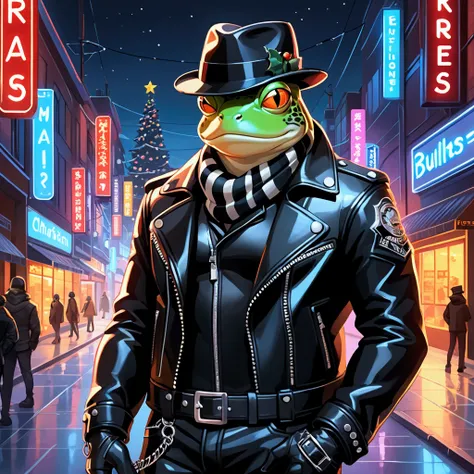 Closeup, Anime art style, An extremely badass anthropomorphic light blue and white bullfrog with a bold, stylish look, wearing an insanely cool black leather biker jacket open with zipper details, black fedora, black shirt, black leather biker gloves, blac...