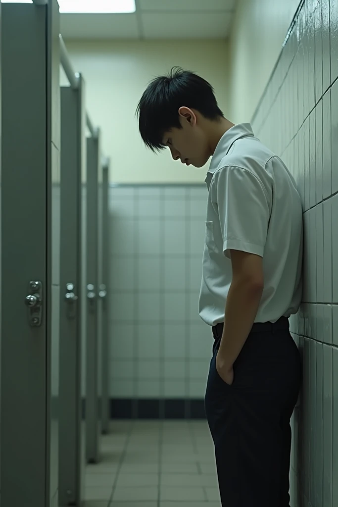 Picture an oriental male high school student urinating