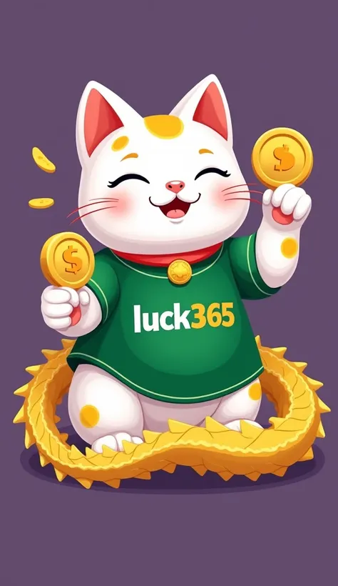 create a picture of a white lucky cat, holding a gold coin in the left hand and a poker coin in the right hand and wearing a green shirt with the words luck365 written on it, and its body is surrounded by a gold dragon, with a plain purple background