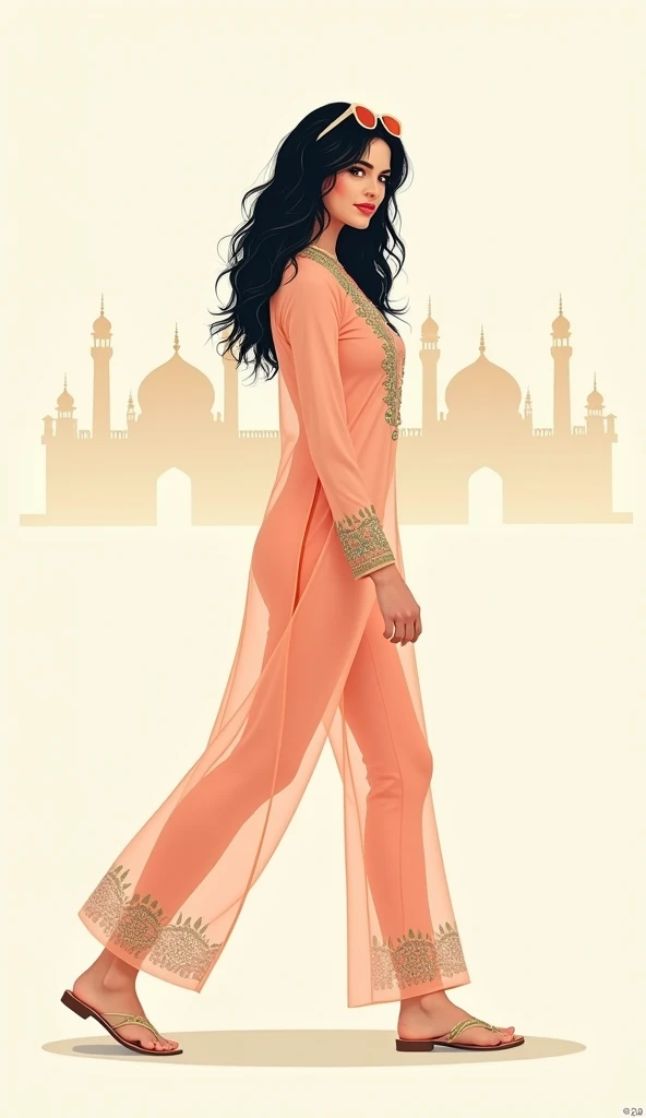 minimalist fashion illustration, side view, full body portrait of a gorgeous pakistani voluptuous very busty mature woman walking, sunglasses on top of head, pakistani tv soap opera superstar actress, full lips, pakistani ornaments, long wide thick curly b...