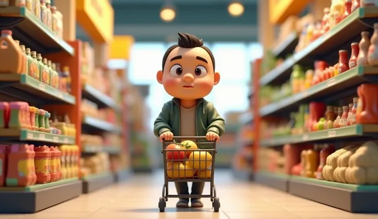 a 40-year-old man pushes the cart in the supermarket, 3d chibi animation style