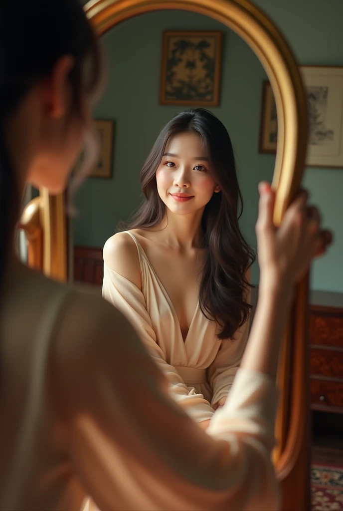 Korean woman taking a picture in the mirror 