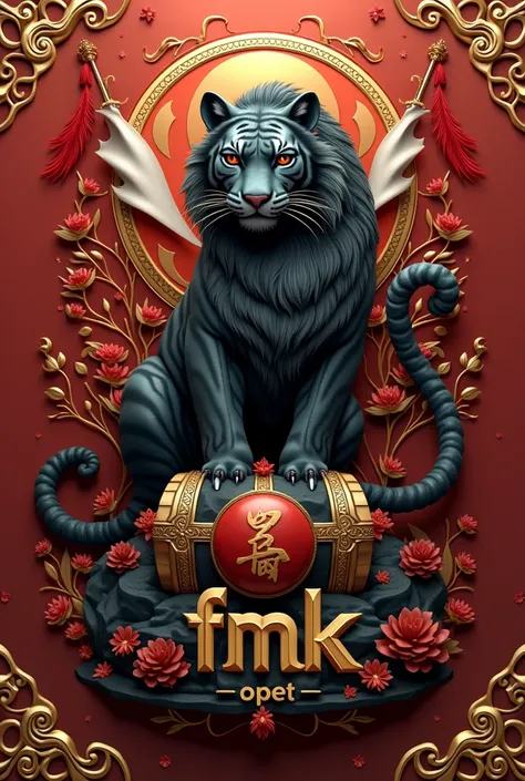 The 3D logo depicts a tiger and a red and white flag, carbon black, gold and red, as well as a round image and a treasure box, with a blank photo in the middle and a ribbon that says FMK below and the words Opet in the middle, very detailed and elegant. pr...