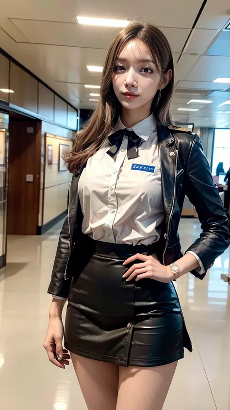 A beautiful, 24-year-old Japanese woman with perfect anatomy, healthy thighs, beautiful legs, beautiful skin, random hair color and style, large breasts, (wearing a flight attendant uniform with a mini-skirt:1.3), (she is standing:1.2), full body shot, pum...