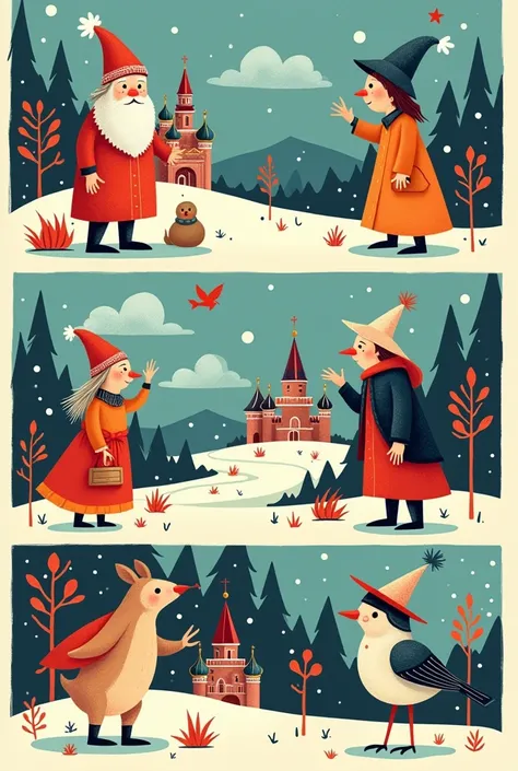 , 4-panel cartoon, spot halftone, flat color, russian folklore characters 