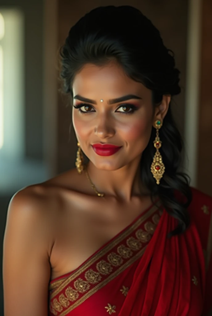 wolf cut hairstyle erotic hindu wife, facing the camera, wide angle camera view, super sexy legs, large cleavage, super big fake lips red lipstick, super delicious average body, saree bra, average body, super lower saree, huge boobs, huge breast,